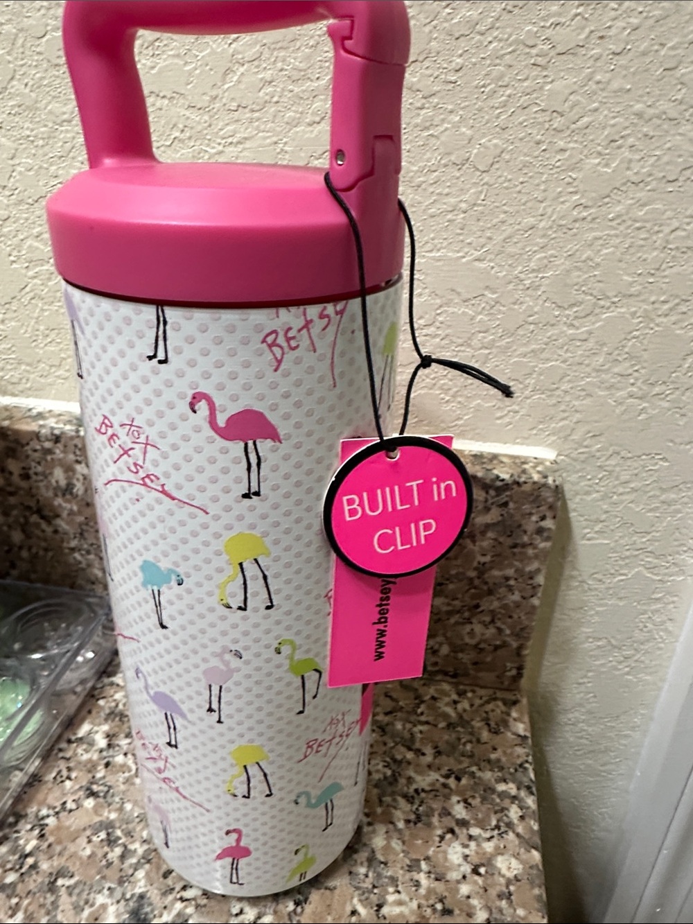 Betsey Johnson Pink Flamingo Insulated Water Bottle with Clip Handle 20. Oz - Picture 4 of 7
